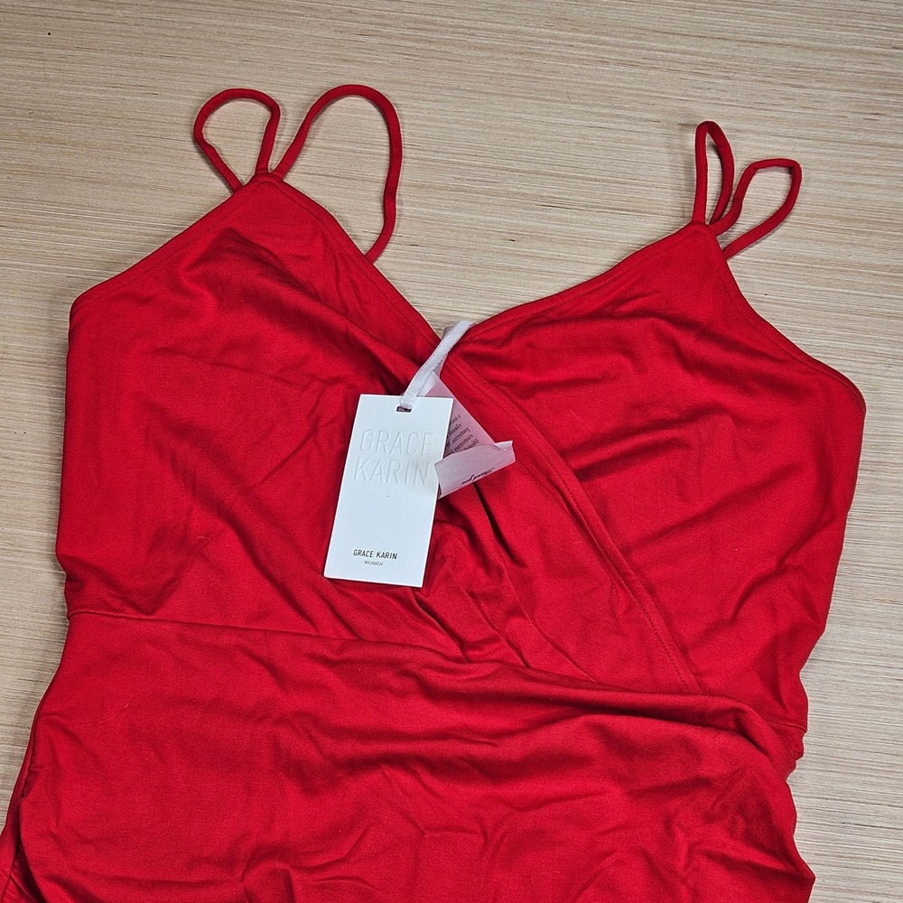 Grace Karin‎ Dress Women M Red Ruched Bodycon Wrap V-Neck Cocktail Party NEW